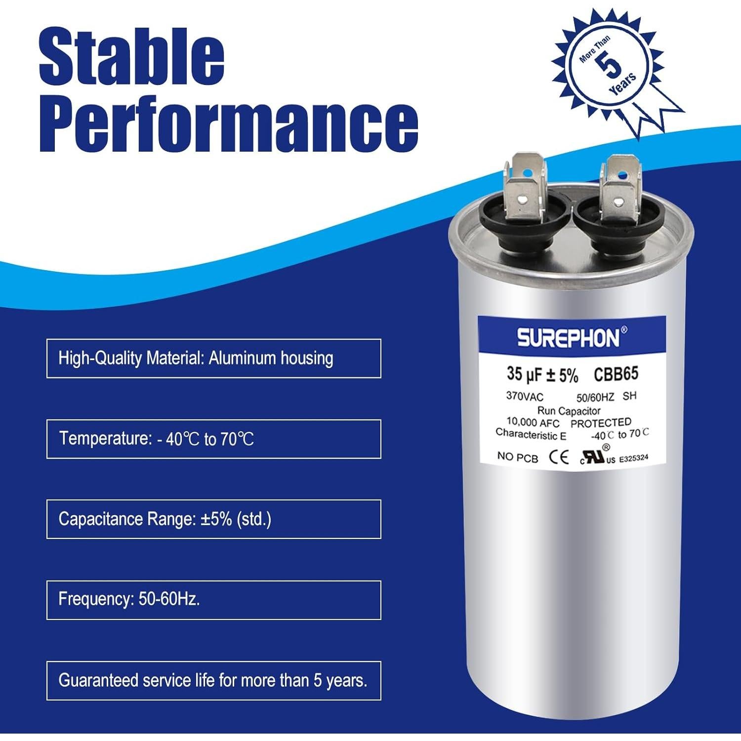 Capacitor SUREPHON 35uF 370V/440V CBB65B para Aire Acondicionado