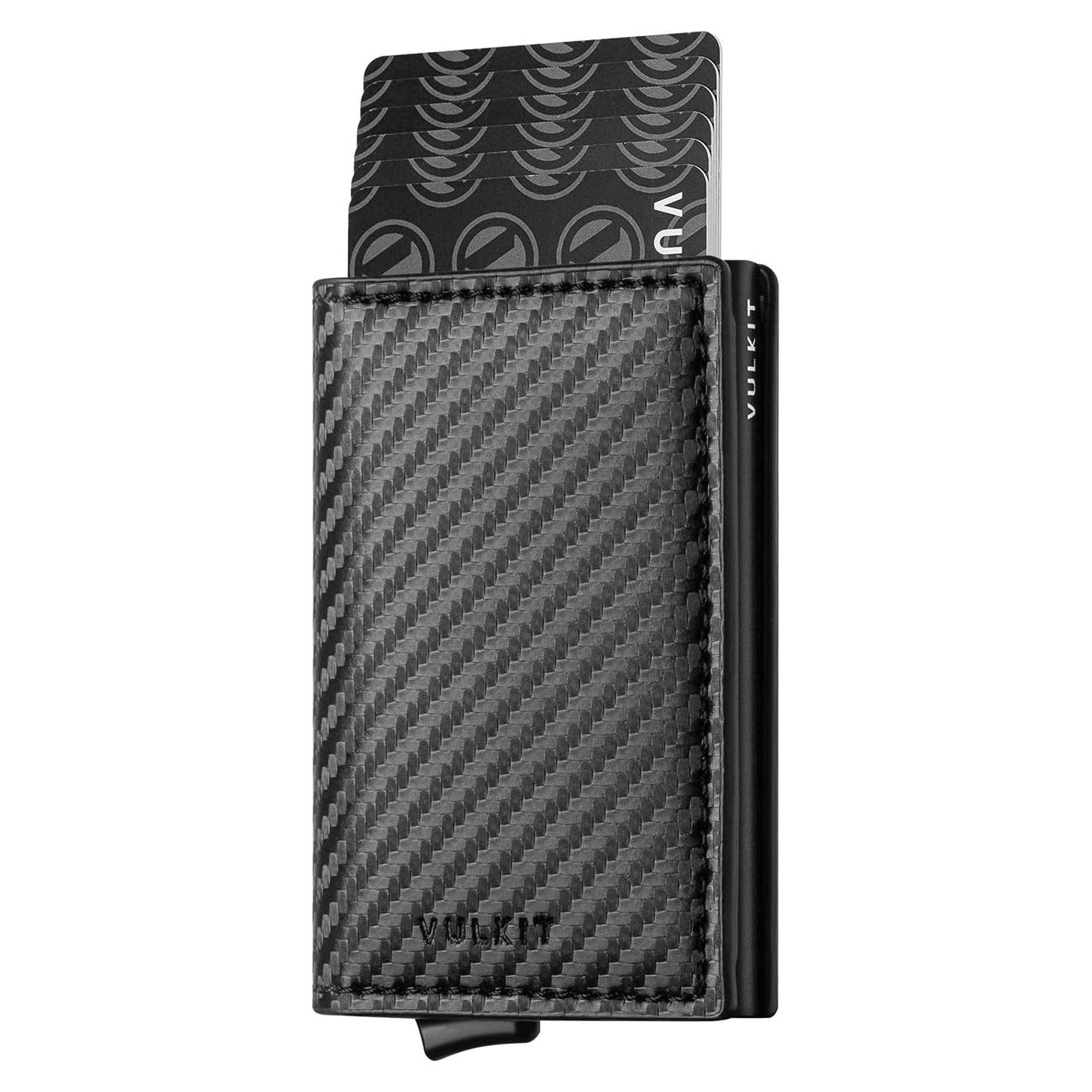 Tarjetero VULKIT RFID de Aluminio y Cuero Automático Negro