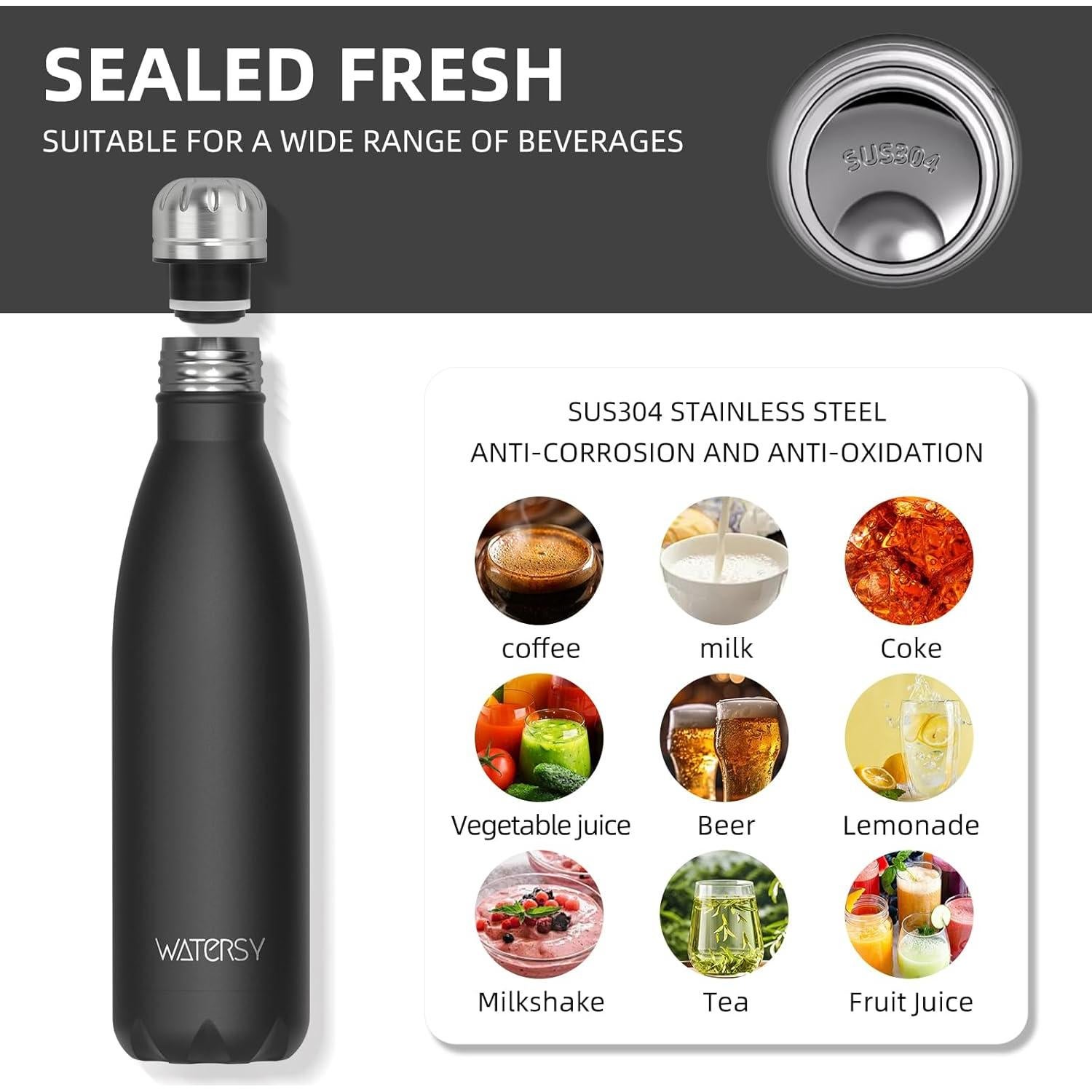 Botella de Agua Aislada WATERSY 500ml Acero Inoxidable Negra