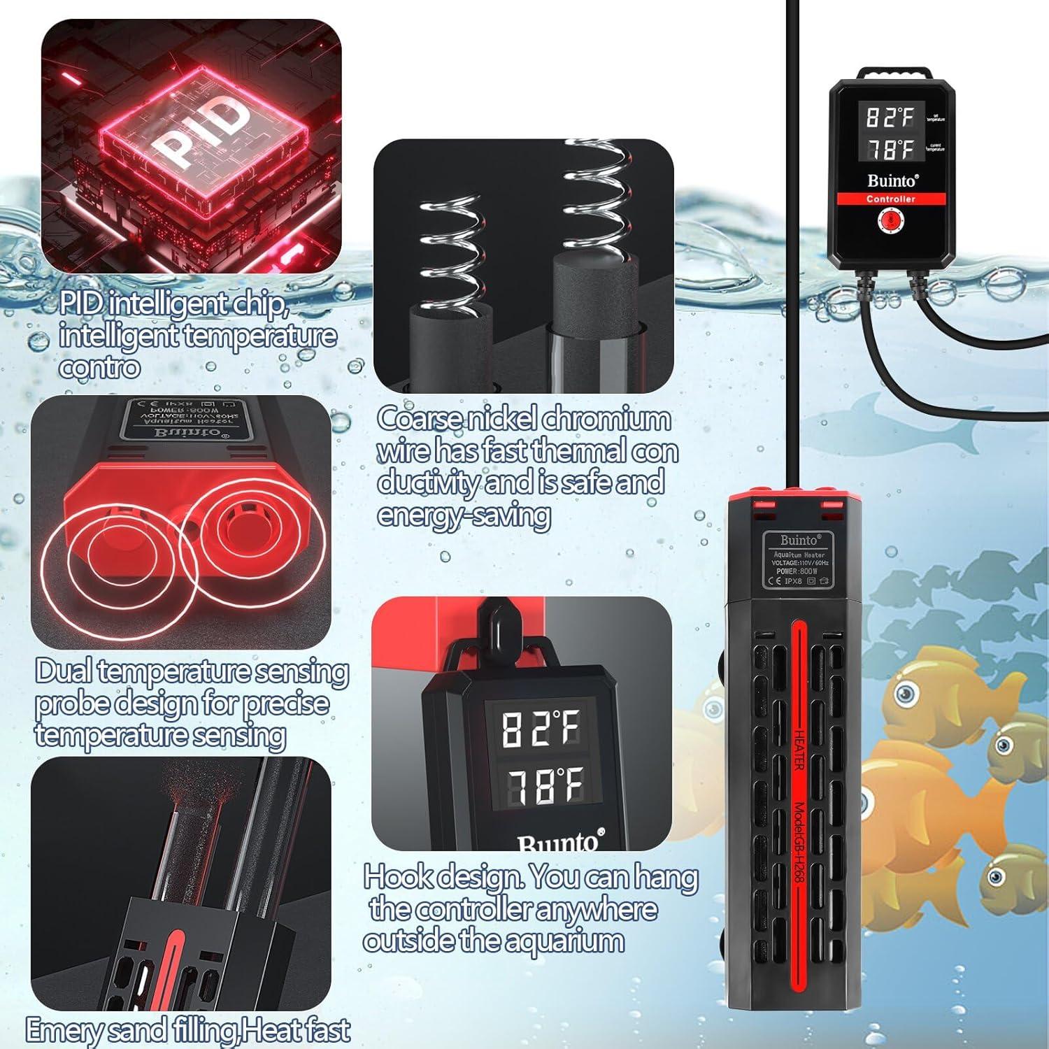 Calentador de Acuario Buinto 1200W Sumergible con Control LED