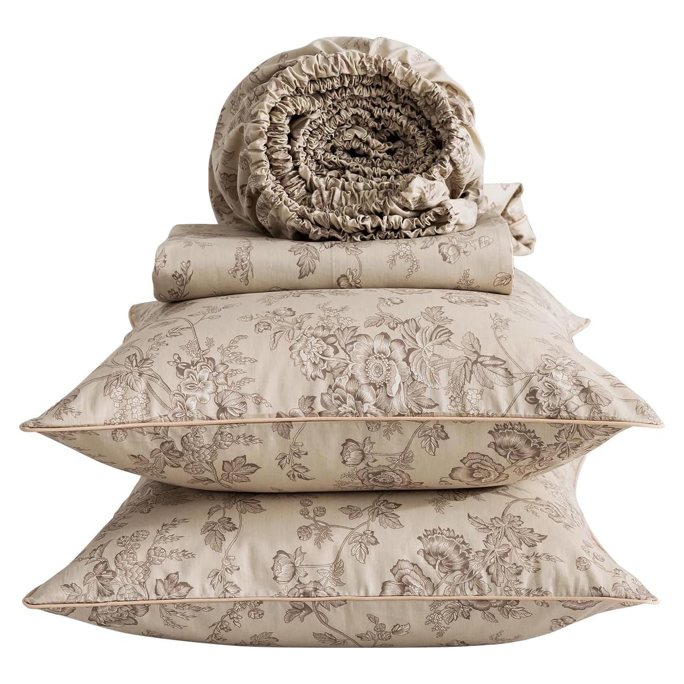 Juego de Sábanas Florales Beige Puralens Completo 100% Algodón