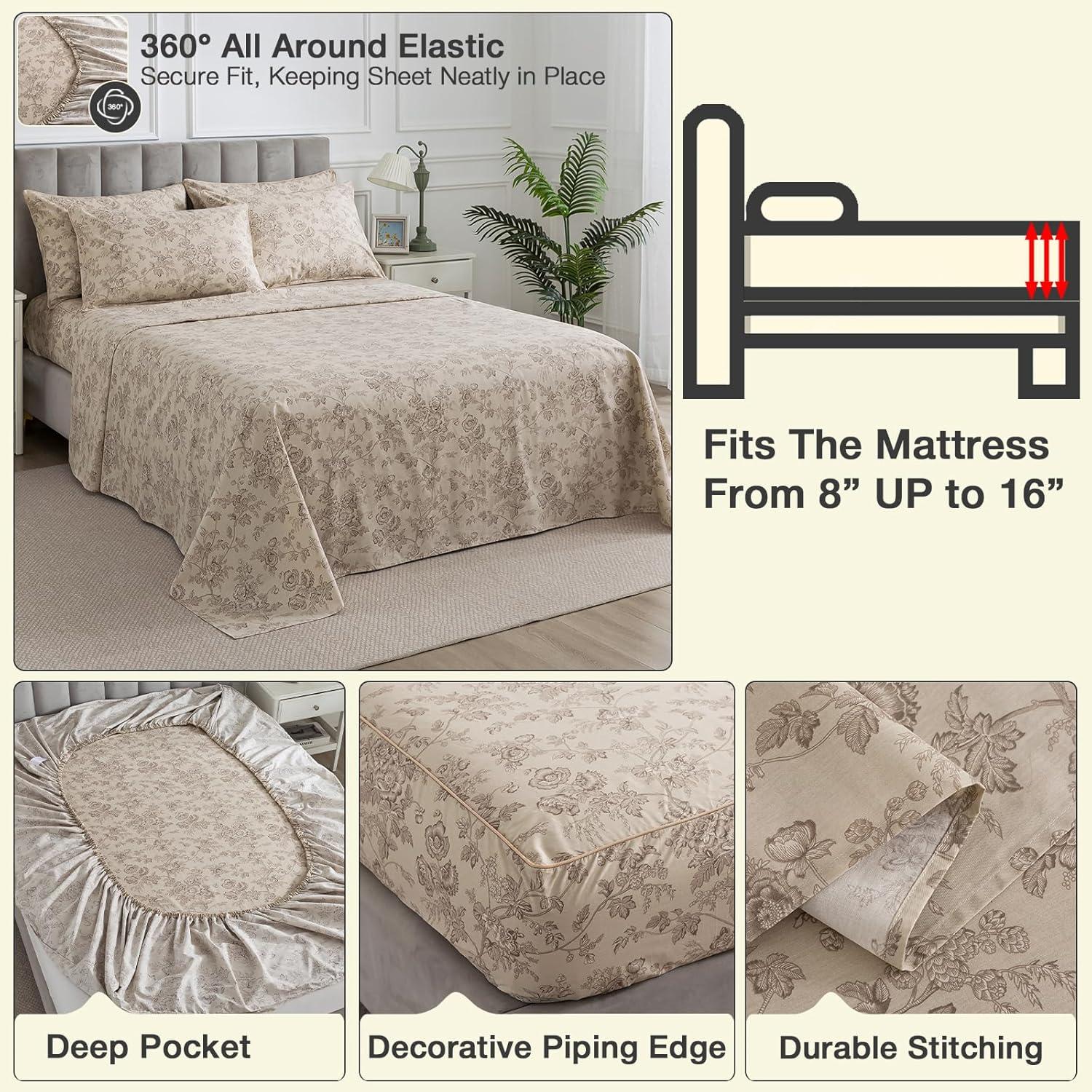 Juego de Sábanas Florales Beige Puralens Completo 100% Algodón