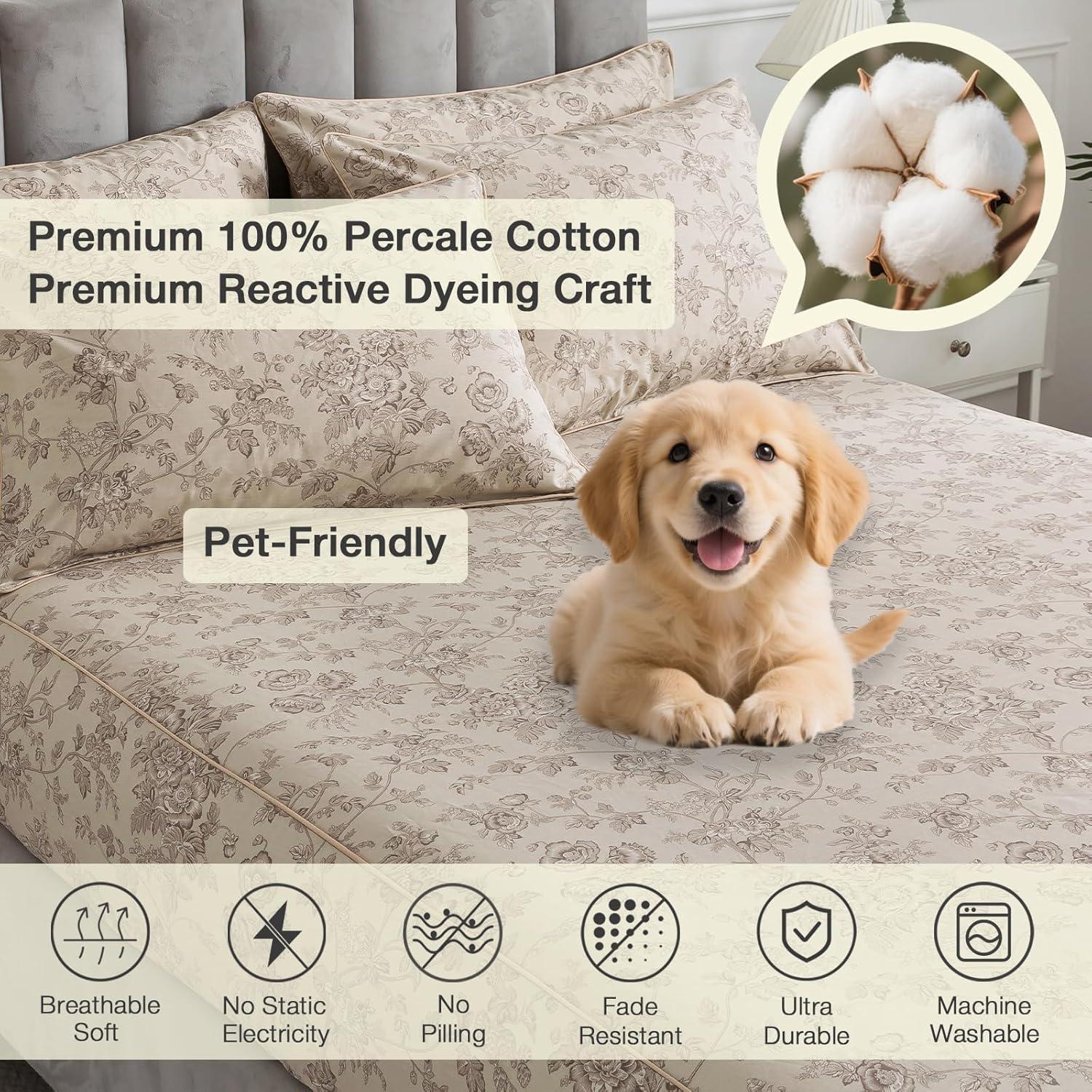 Juego de Sábanas Florales Beige Puralens Completo 100% Algodón