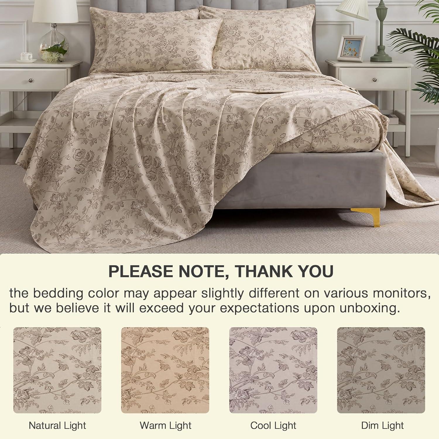 Juego de Sábanas Florales Beige Puralens Completo 100% Algodón