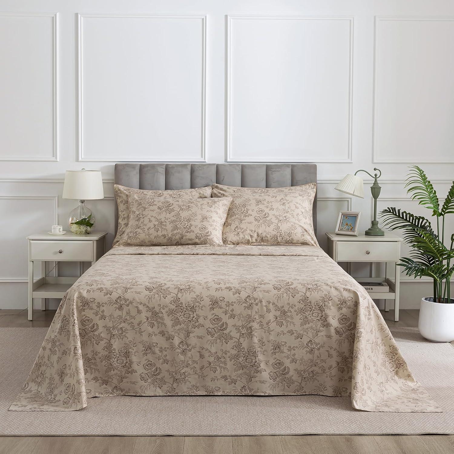 Juego de Sábanas Florales Beige Puralens Completo 100% Algodón