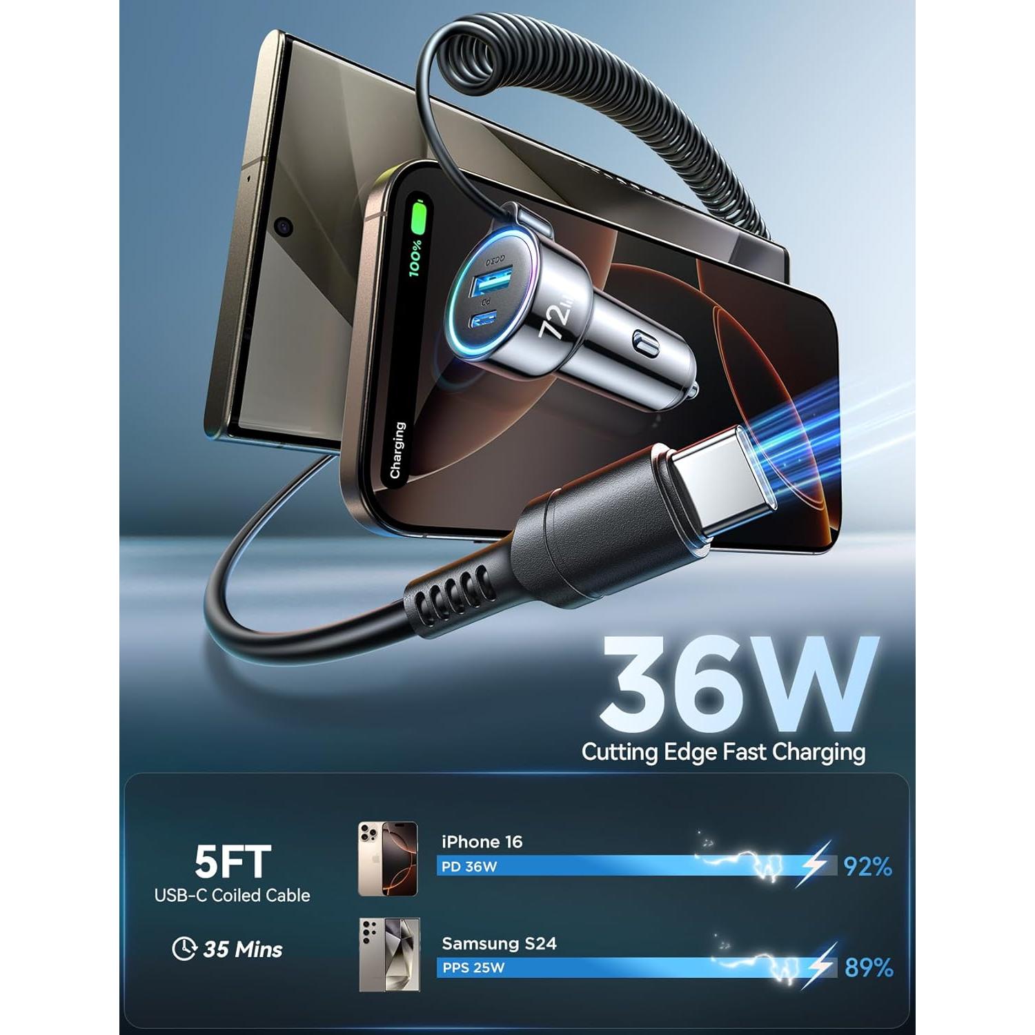 Cargador de coche FLYLEAD 72W USB C con cable 1.52m para iPhone