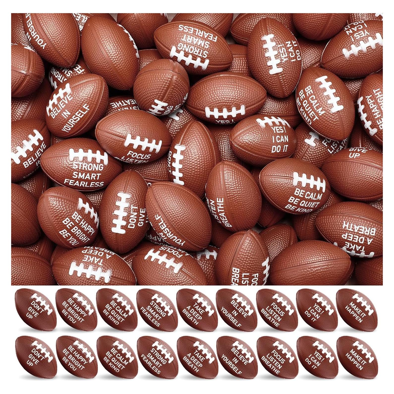 72 Packs Mini Football Sports Stress Ball Mini Foam Footballs 2.17 Inch Stress Relief Balls with Motivational Quotes Relief Adults Encouraging for Football Themed Party, Brown, 9 Style