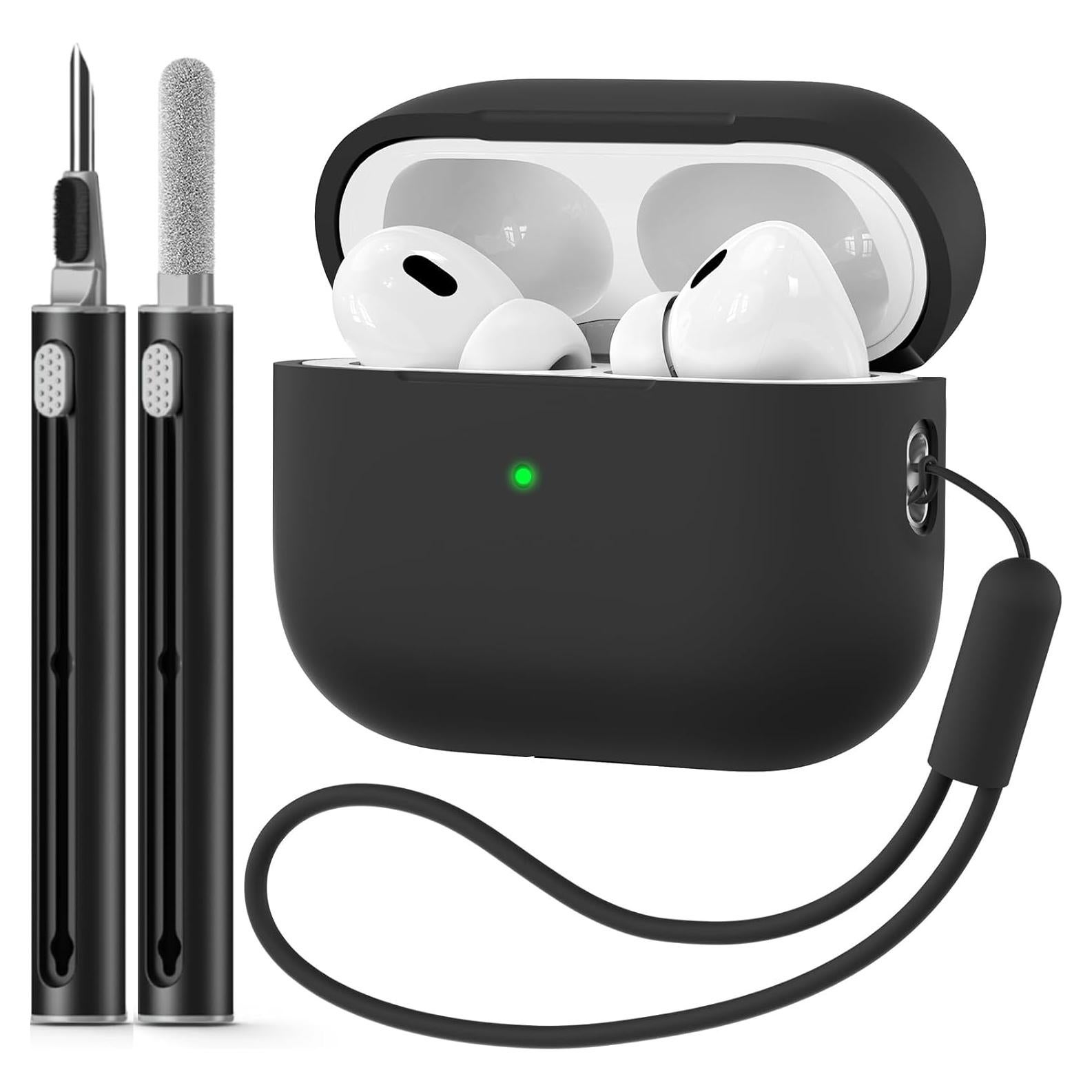 for AirPods Pro 2 Case 2022/2023 with Cleaner Kit,Soft Silicone Protective Cover for Apple AirPods Pro 2nd Generation for Women Men,AirPods Pro Case with Lanyard-Black