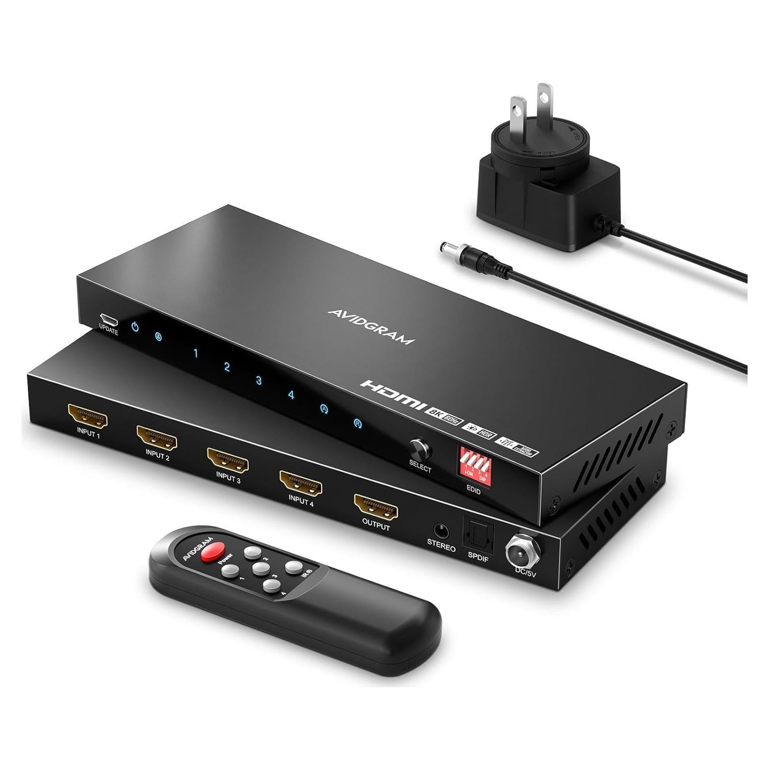Interruptor HDMI 2.1 AVIDGRAM 4x1 con extractor de audio 8K 60Hz