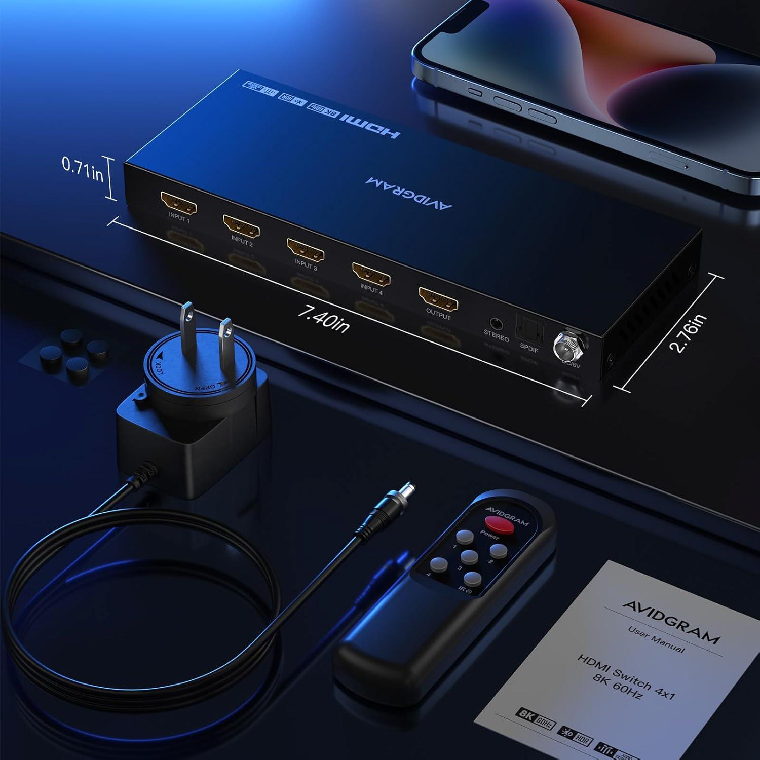 Interruptor HDMI 2.1 AVIDGRAM 4x1 con extractor de audio 8K 60Hz