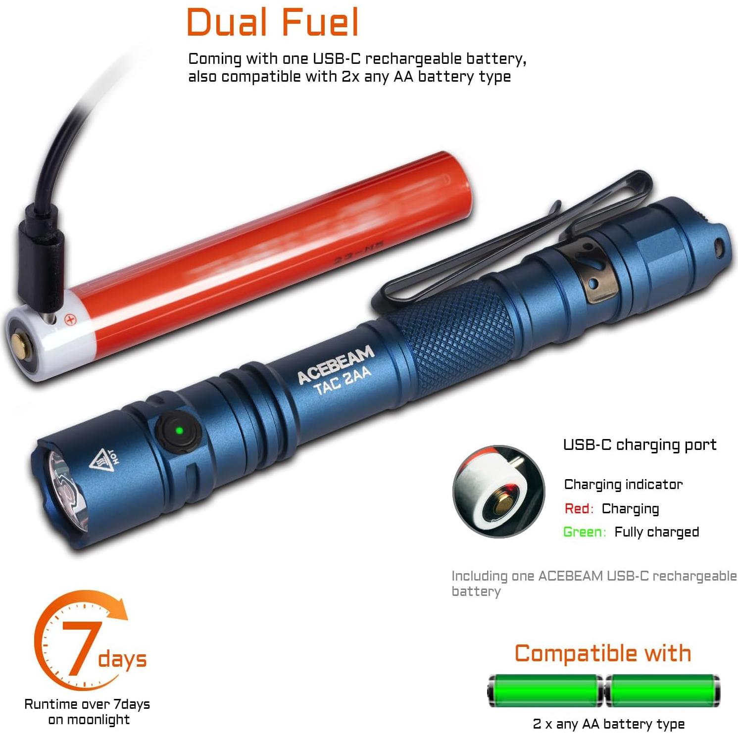 Linterna Táctica ACEBEAM TAC 2AA Recargable 1400 Lúmenes