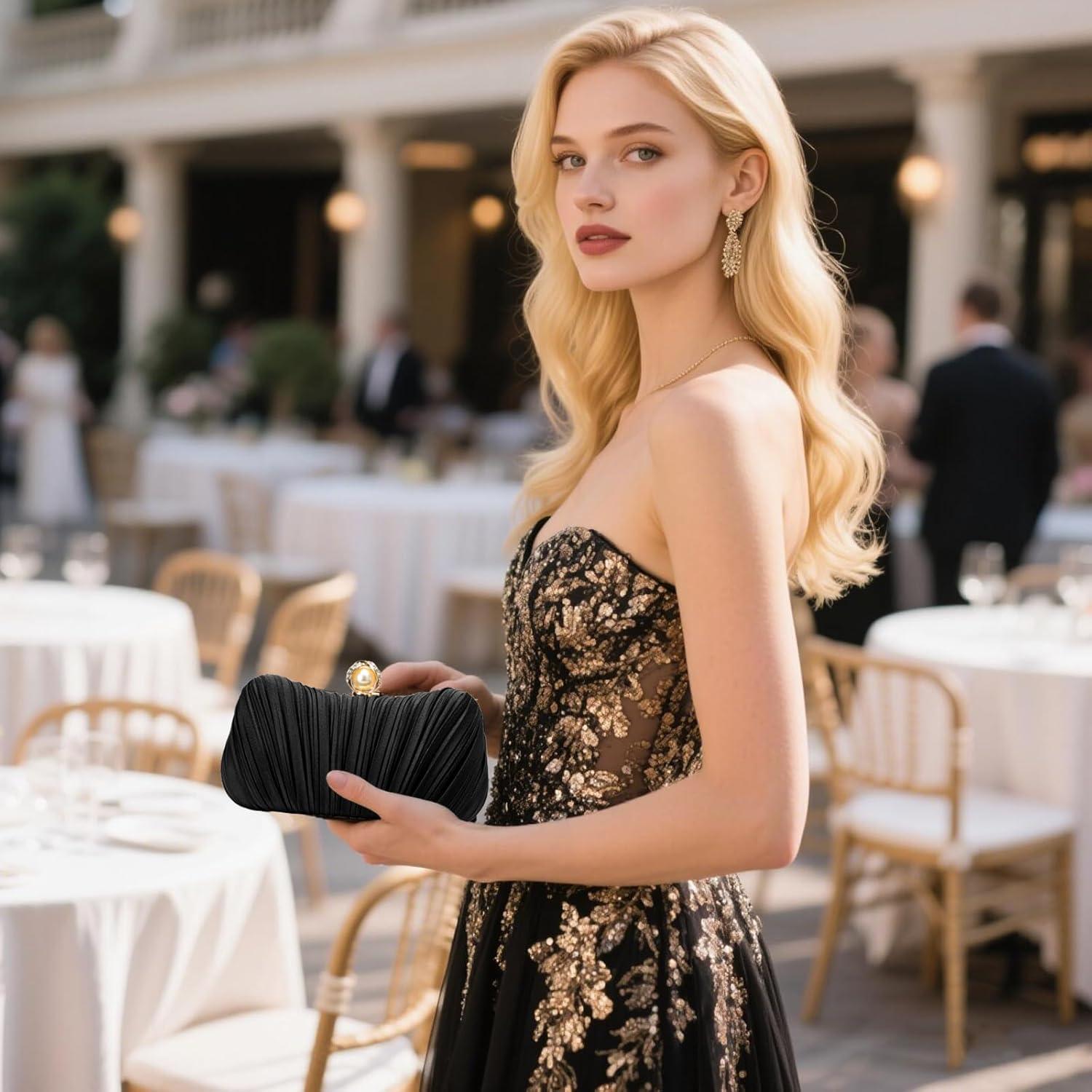 Bolso de Noche Plisado de Satén Negro RNIEGA para Mujeres