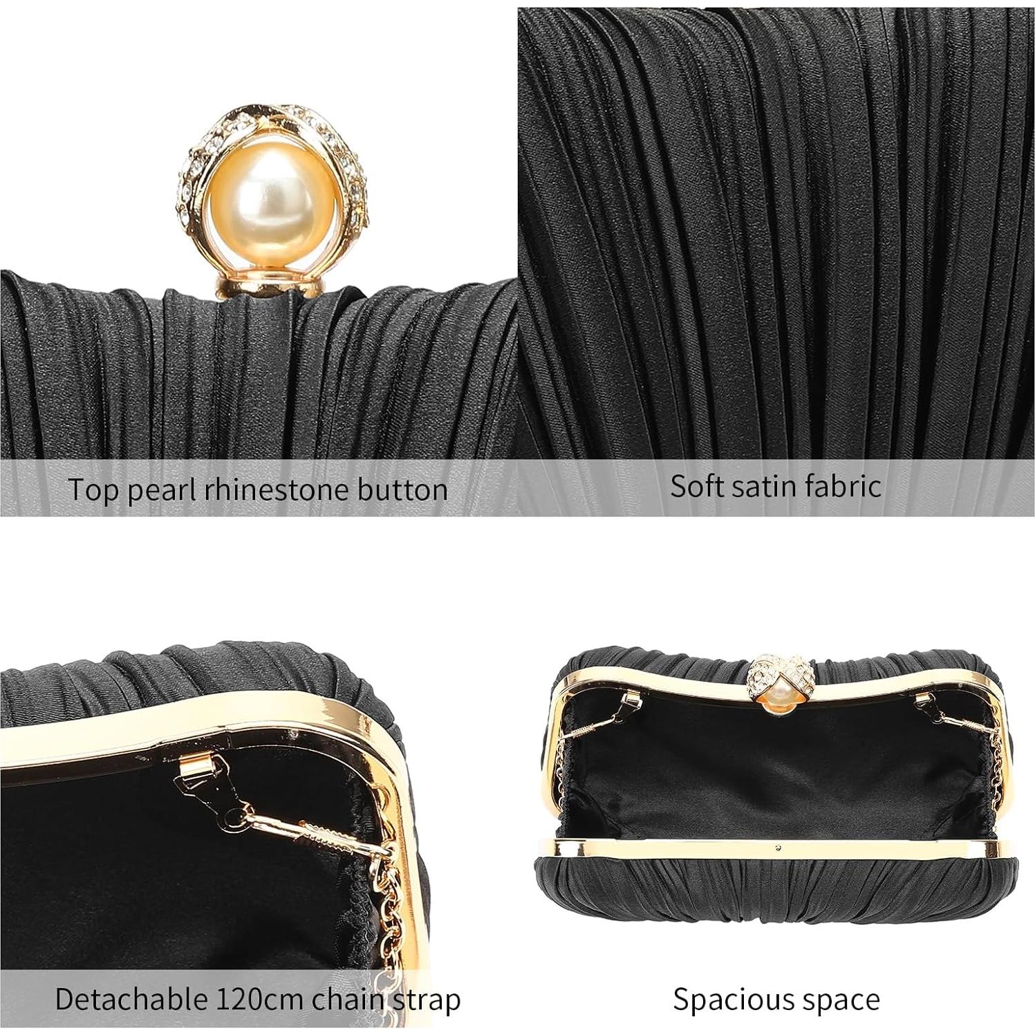 Bolso de Noche Plisado de Satén Negro RNIEGA para Mujeres