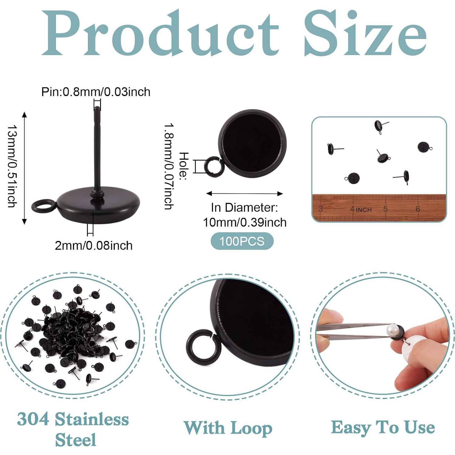 100 Piezas Aretes de Acero Inoxidable PH PandaHall 8mm Negro