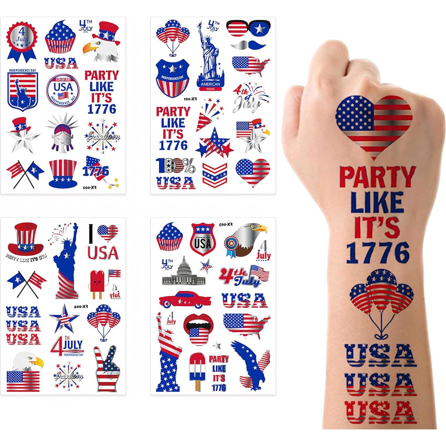 Tatuajes Temporales Patrióticos 4 de Julio HIFANMM - 4 Hojas
