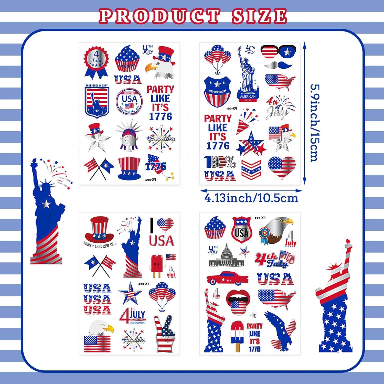 Tatuajes Temporales Patrióticos 4 de Julio HIFANMM - 4 Hojas