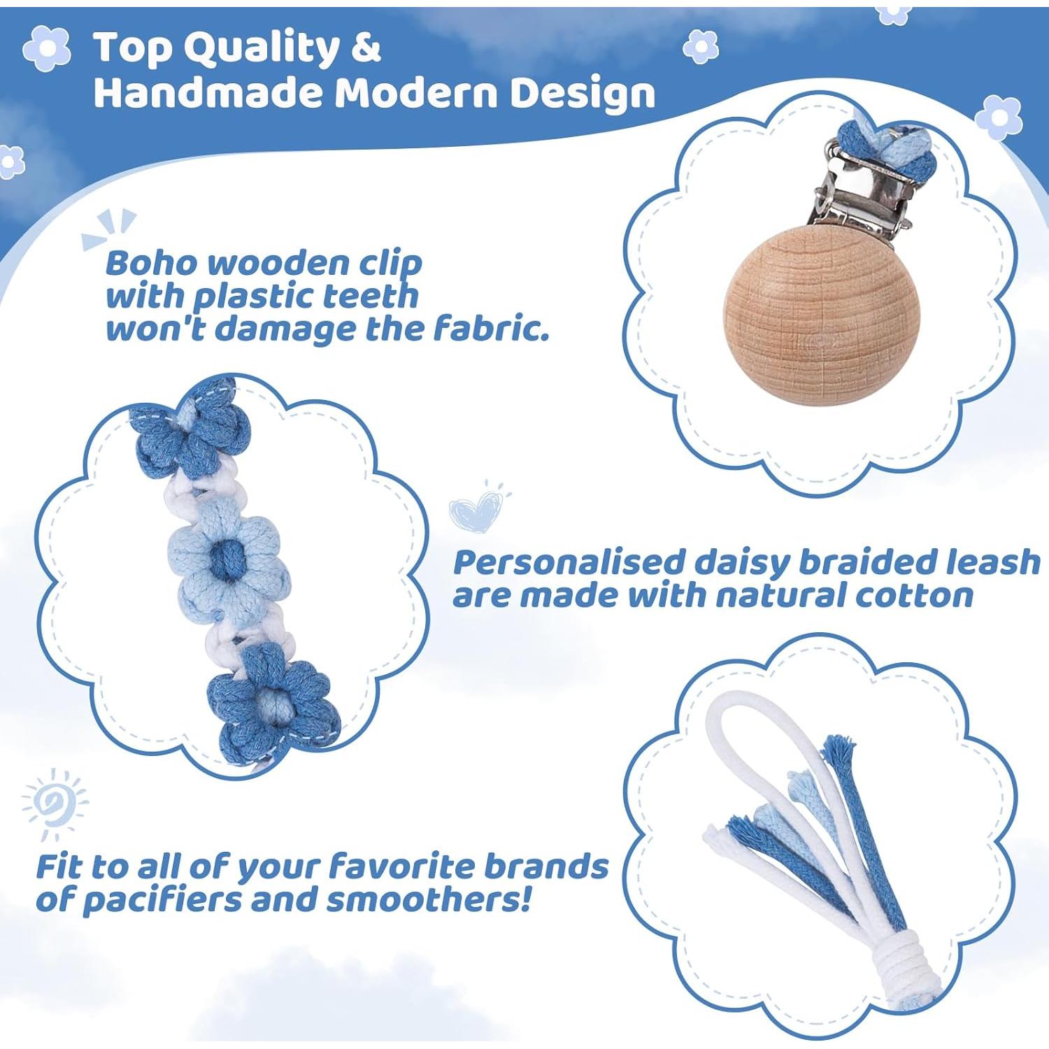 Clip de Chupete Floral Margarita Azul Hecho a Mano - 1 Paquete