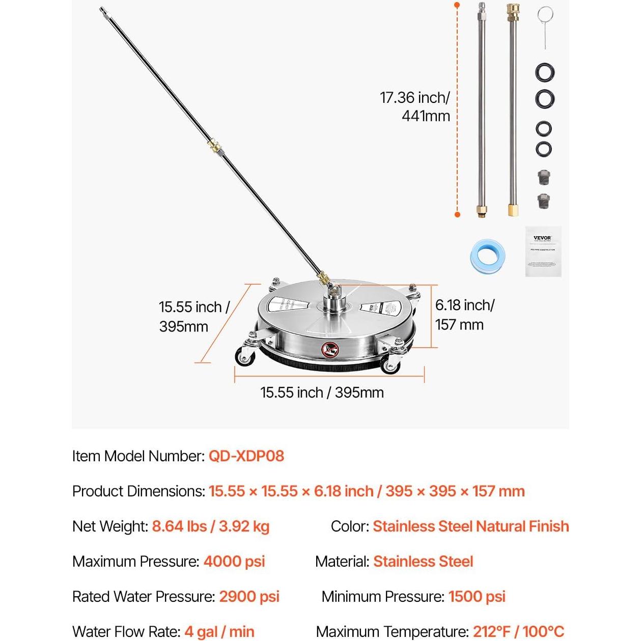 Limpiador de Superficies a Presión VEVOR 15" Acero Inoxidable 4000 PSI