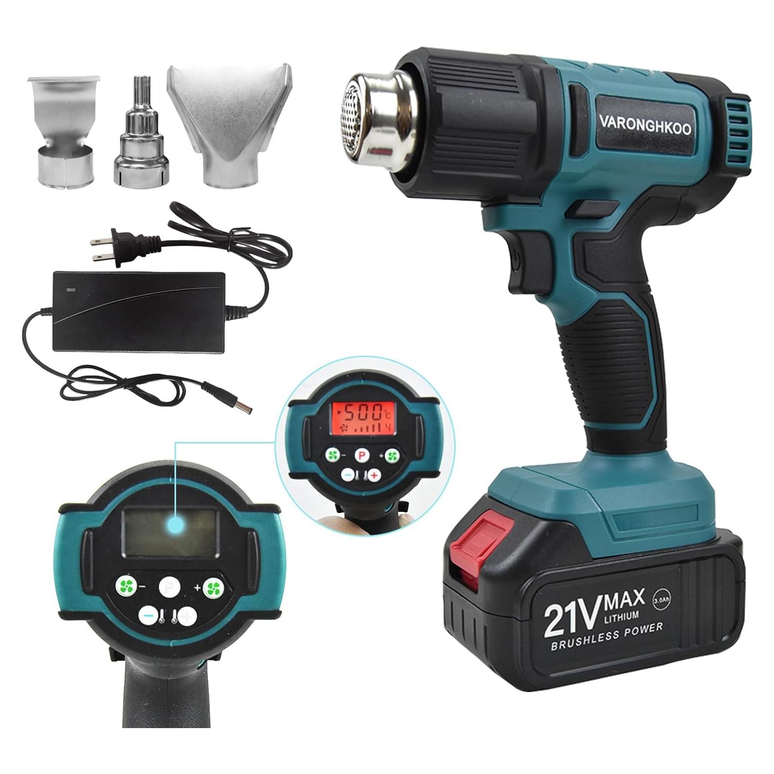 Pistola de Calor Inalámbrica VARONGHKOO 21V LCD 3 Boquillas