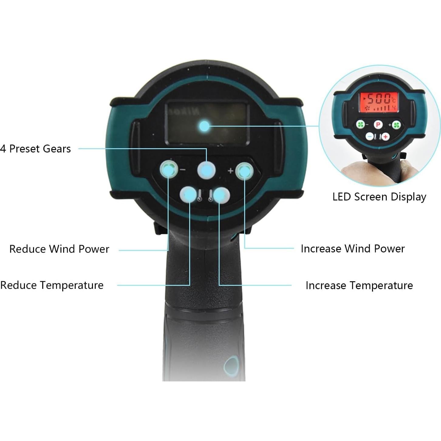 Pistola de Calor Inalámbrica VARONGHKOO 21V LCD 3 Boquillas