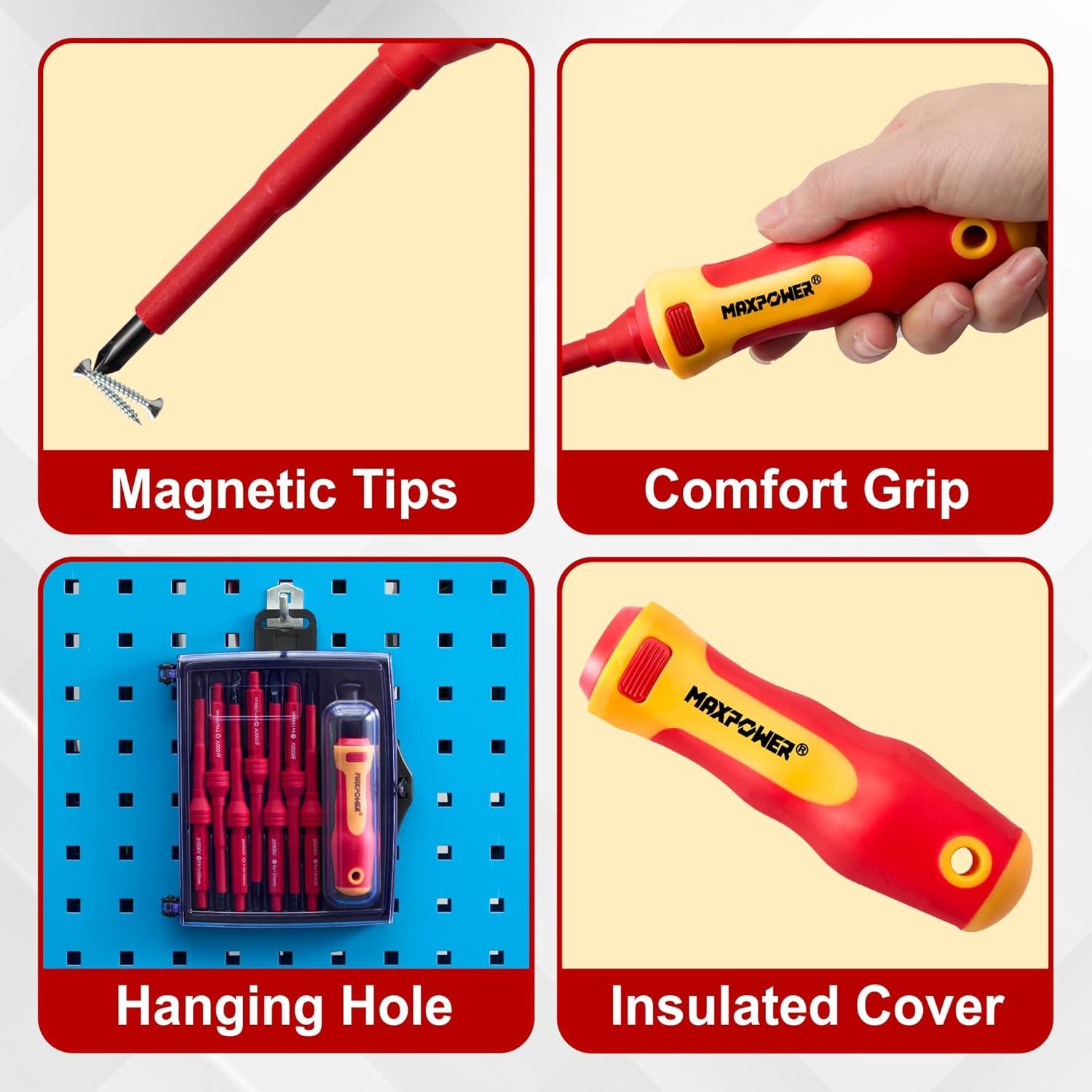Juego de Destornilladores Aislados MAXPOWER 7 en 1 con Punta Magnética