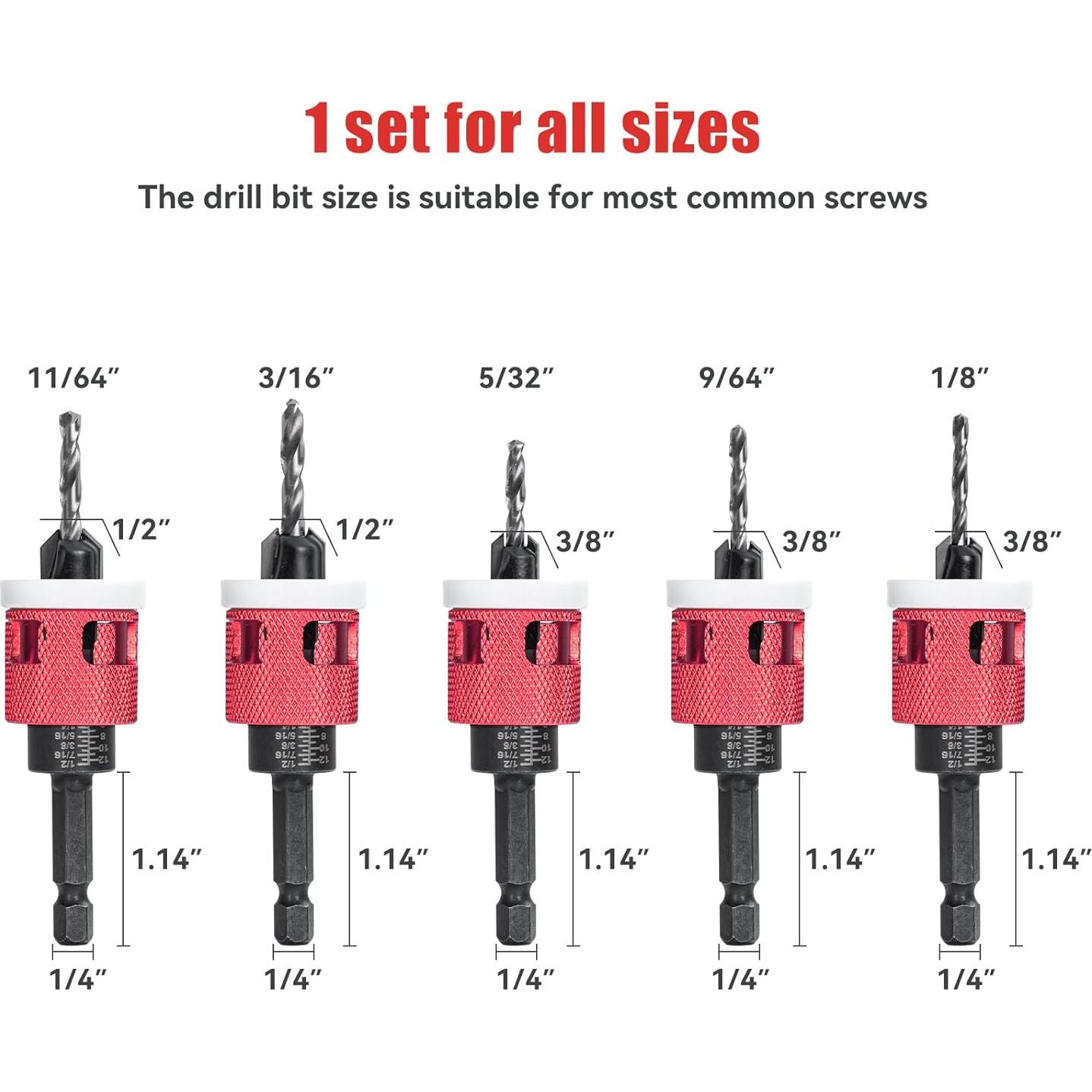 Juego de 5 Brocas Avellanadas HSS M2 con Tope de Profundidad