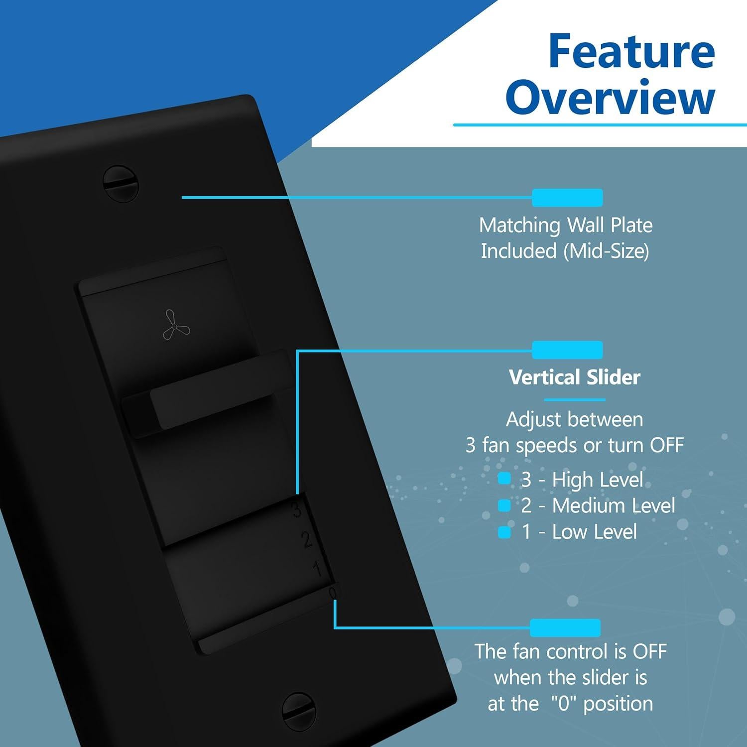 Interruptor de Ventilador LIDER 3 Velocidades Negro Paquete de 2