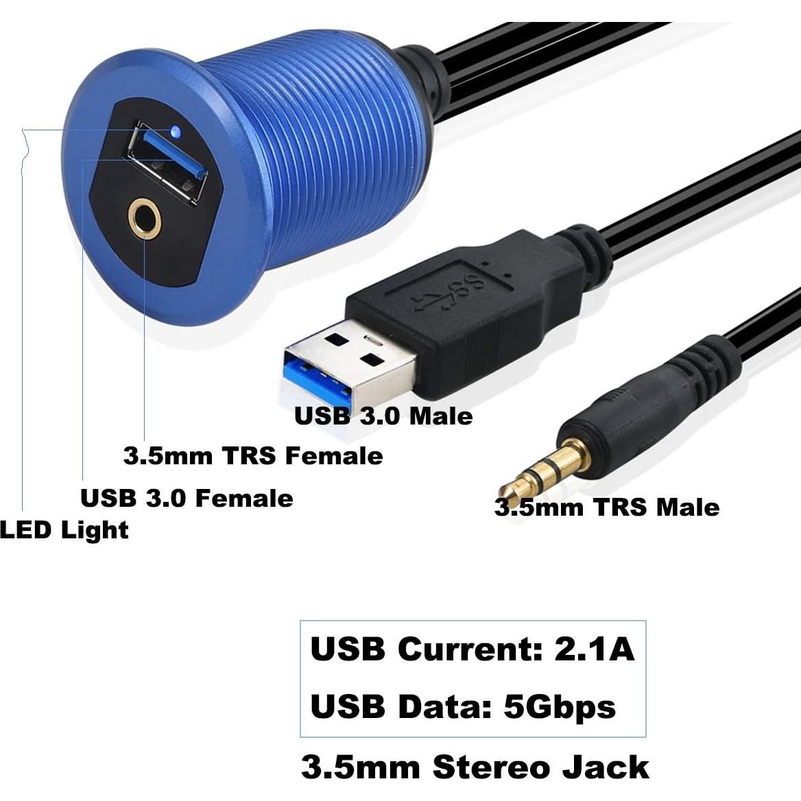 Cable de Montaje USB 3.0 y 3.5mm Kework 1m Azul con LED