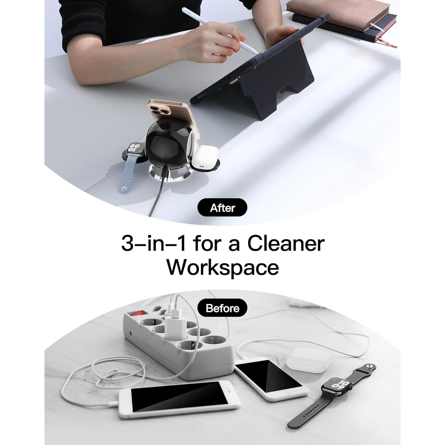 Estación de Carga Inalámbrica 3 en 1 Mag-Safe Negro para iPhone 12-16