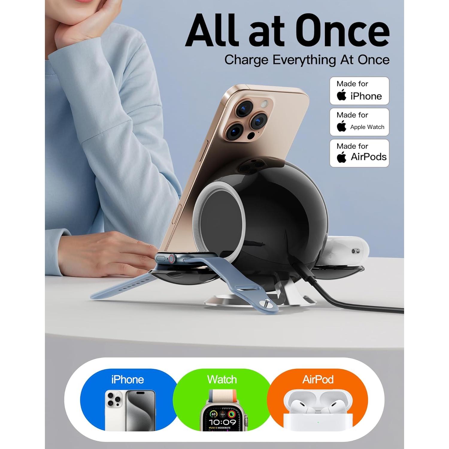 Estación de Carga Inalámbrica 3 en 1 Mag-Safe Negro para iPhone 12-16