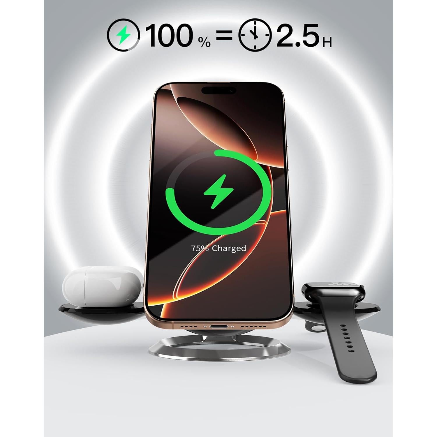 Estación de Carga Inalámbrica 3 en 1 Mag-Safe Negro para iPhone 12-16