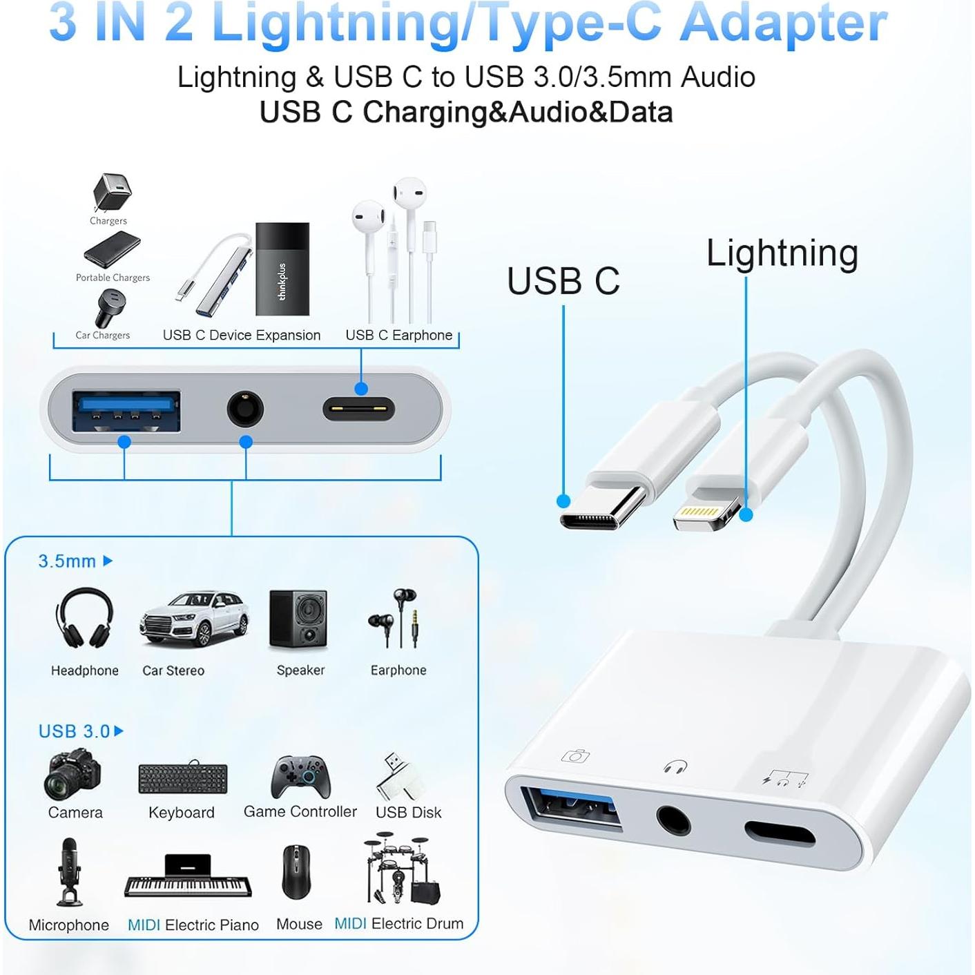 Adaptador de cámara USB-C a USB + Lightning MTAKYI 3 en 1