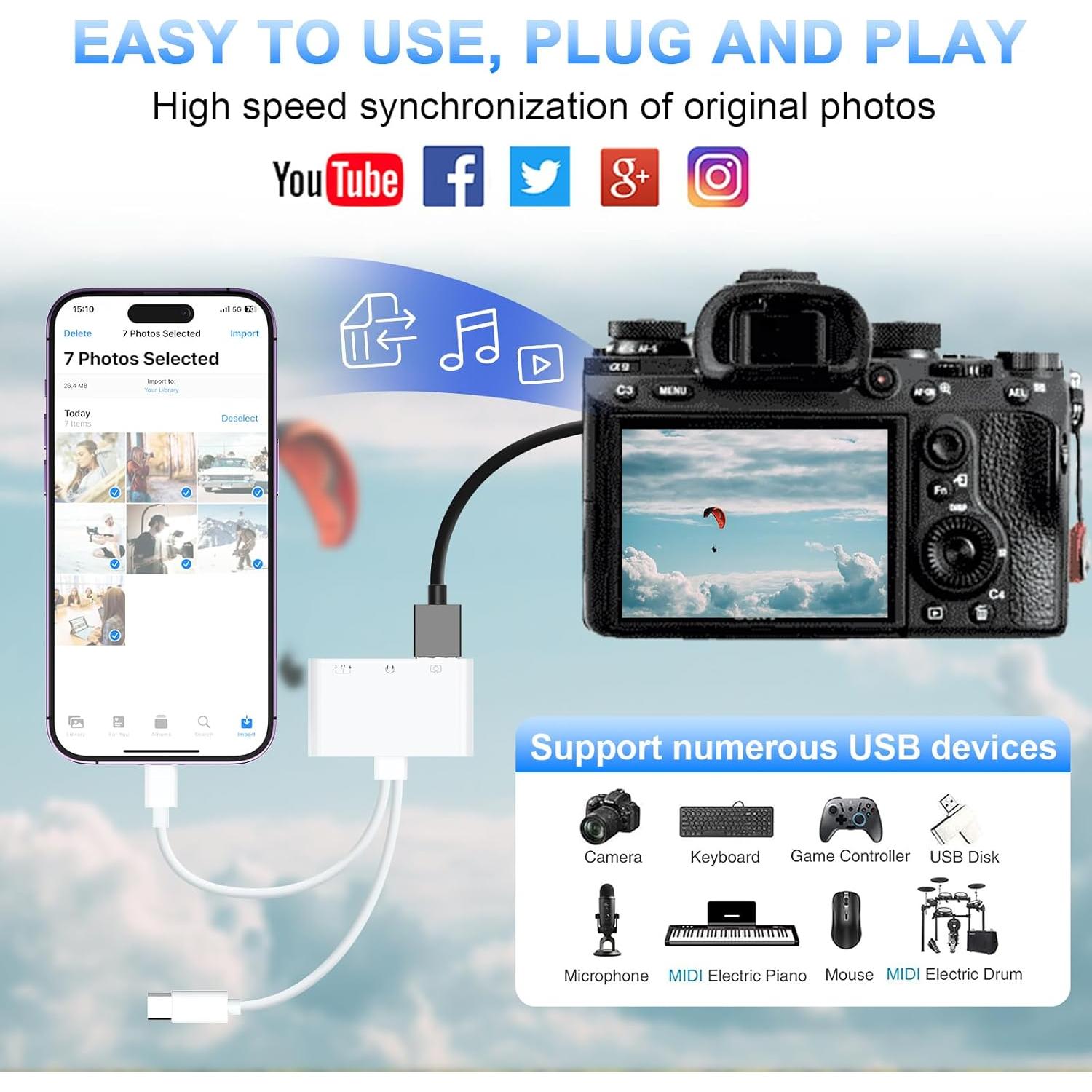 Adaptador de cámara USB-C a USB + Lightning MTAKYI 3 en 1