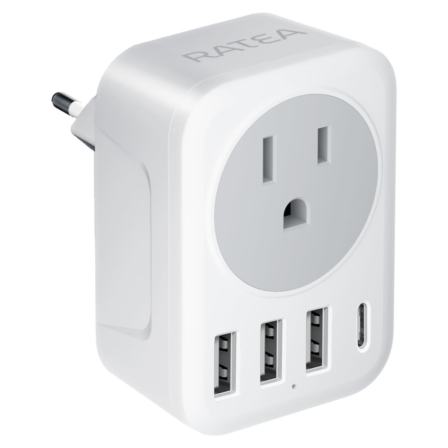 Adaptador de Enchufe de Viaje RATEA con 3 USB y Tipo C