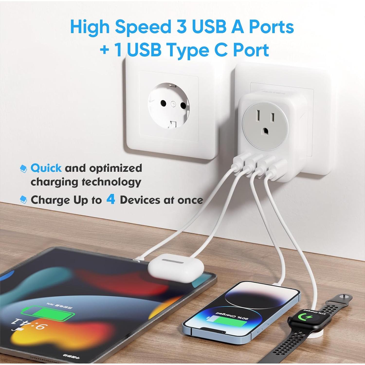 Adaptador de Enchufe de Viaje RATEA con 3 USB y Tipo C