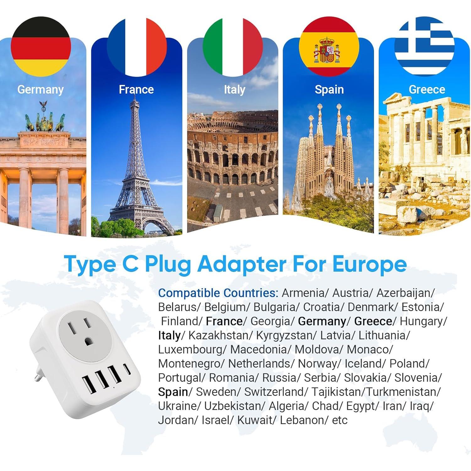 Adaptador de Enchufe de Viaje RATEA con 3 USB y Tipo C