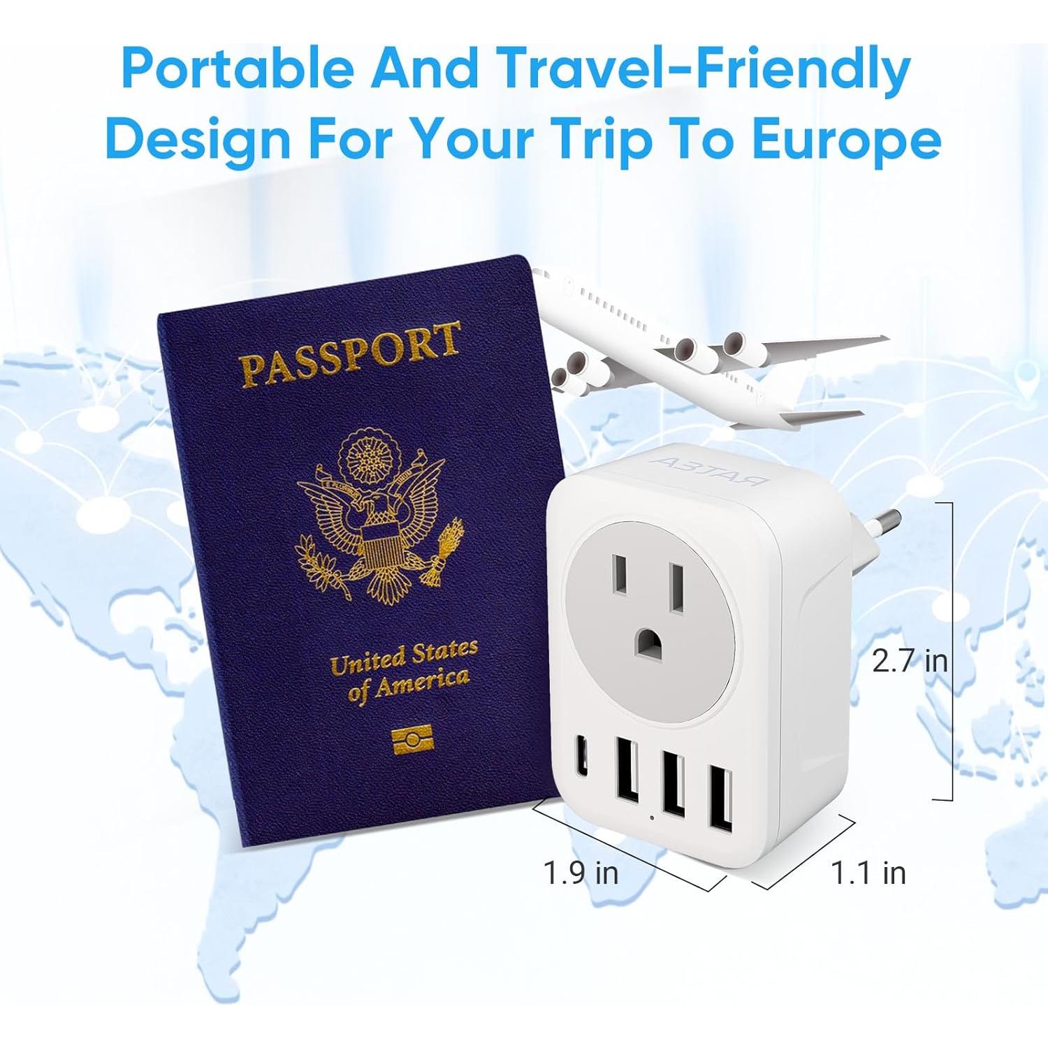 Adaptador de Enchufe de Viaje RATEA con 3 USB y Tipo C