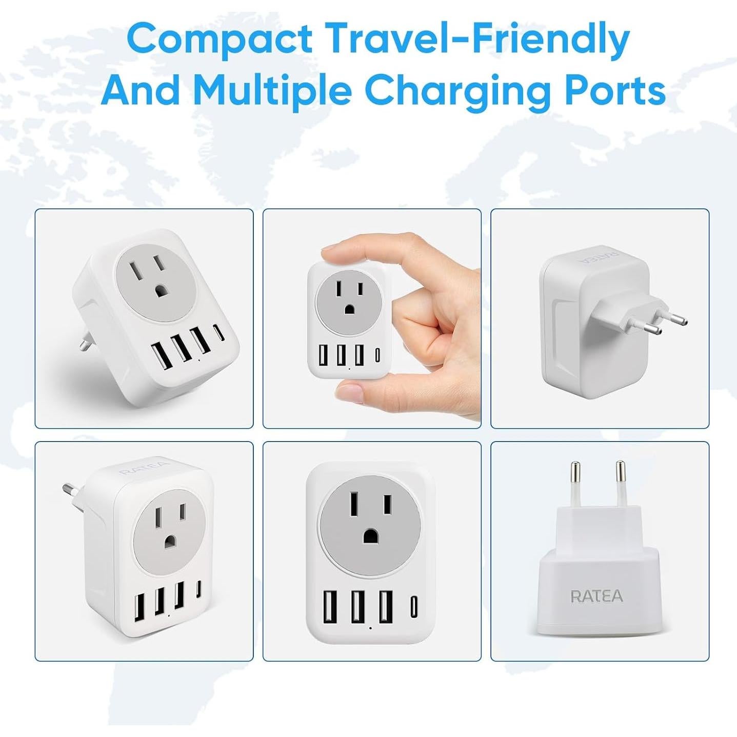 Adaptador de Enchufe de Viaje RATEA con 3 USB y Tipo C