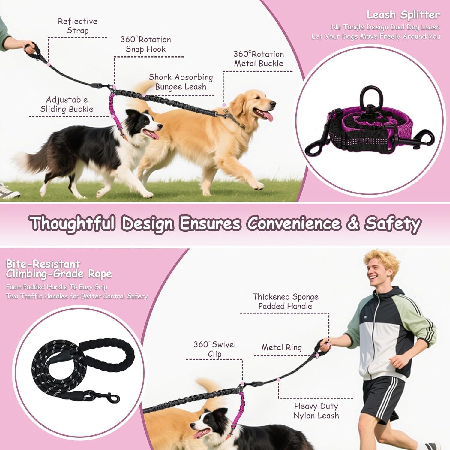 Correa Doble para Perros LEOSASA Fucsia 90cm con Divisor 360°