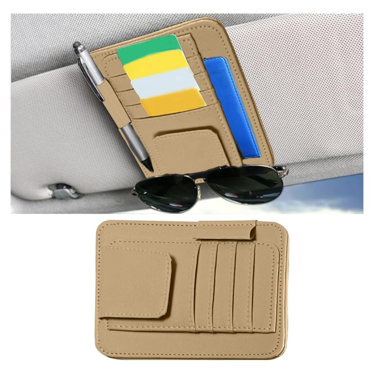 Organizador de Visera de Coche GLSOWEE Beige Cuero PU 15.5x12.4cm