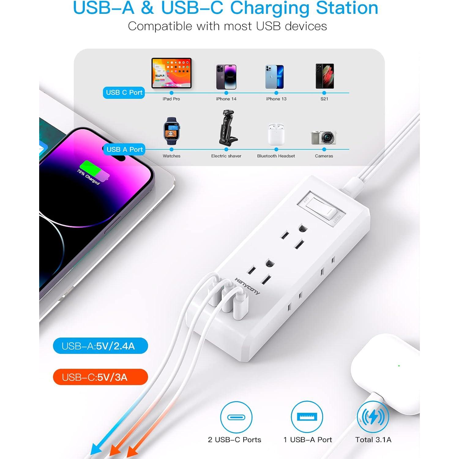 Regleta de Enchufes HANYCONY 6 Salidas 3 USB C 1 Pie Blanca