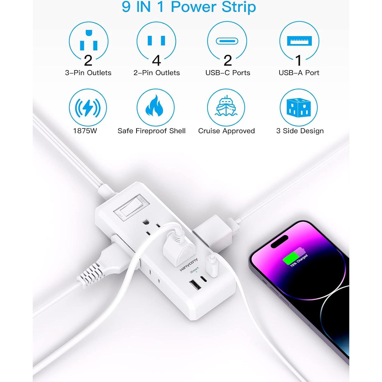 Regleta de Enchufes HANYCONY 6 Salidas 3 USB C 1 Pie Blanca