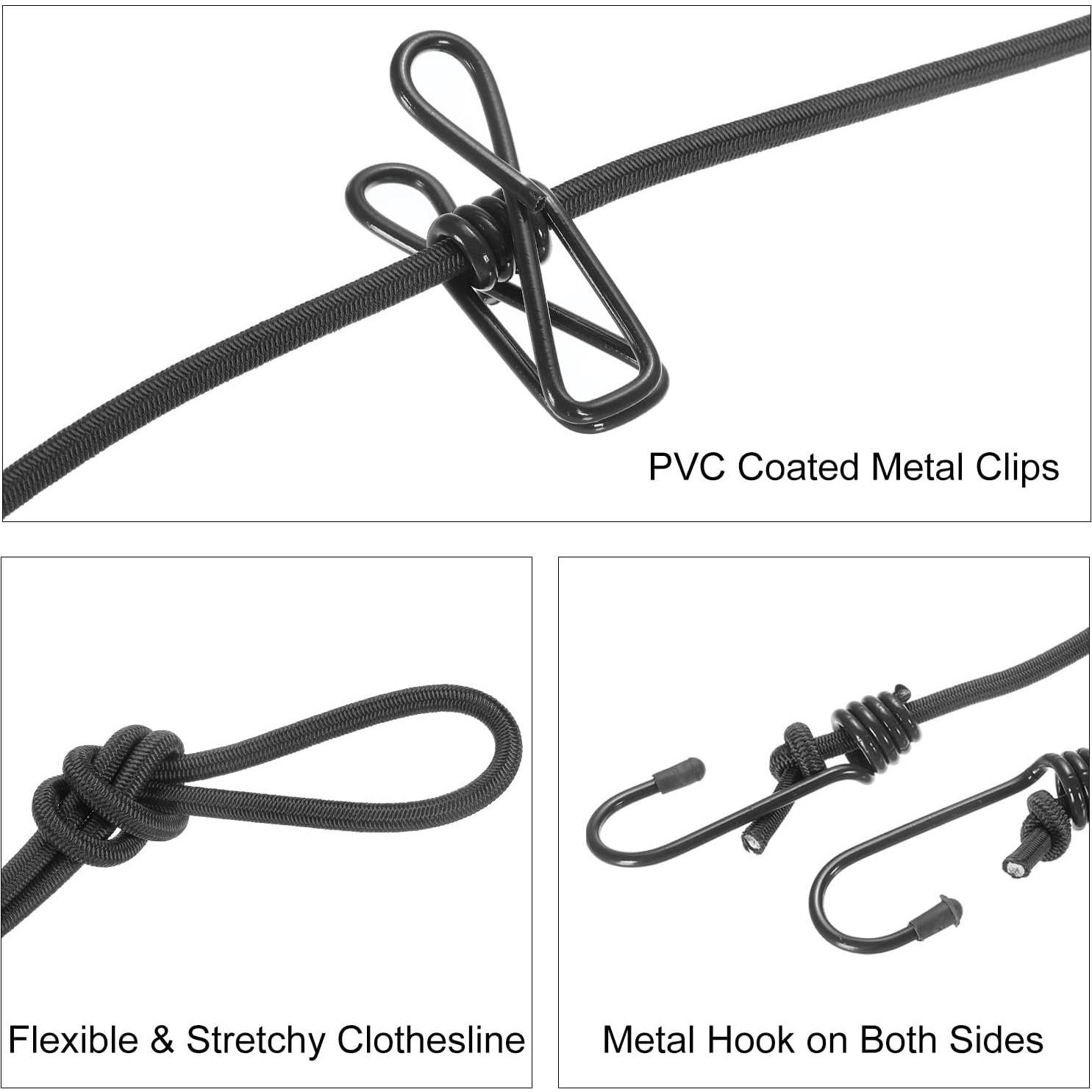 Cuerda de Ropa Elástica uxcell 1.85m con 12 Pinzas Negra