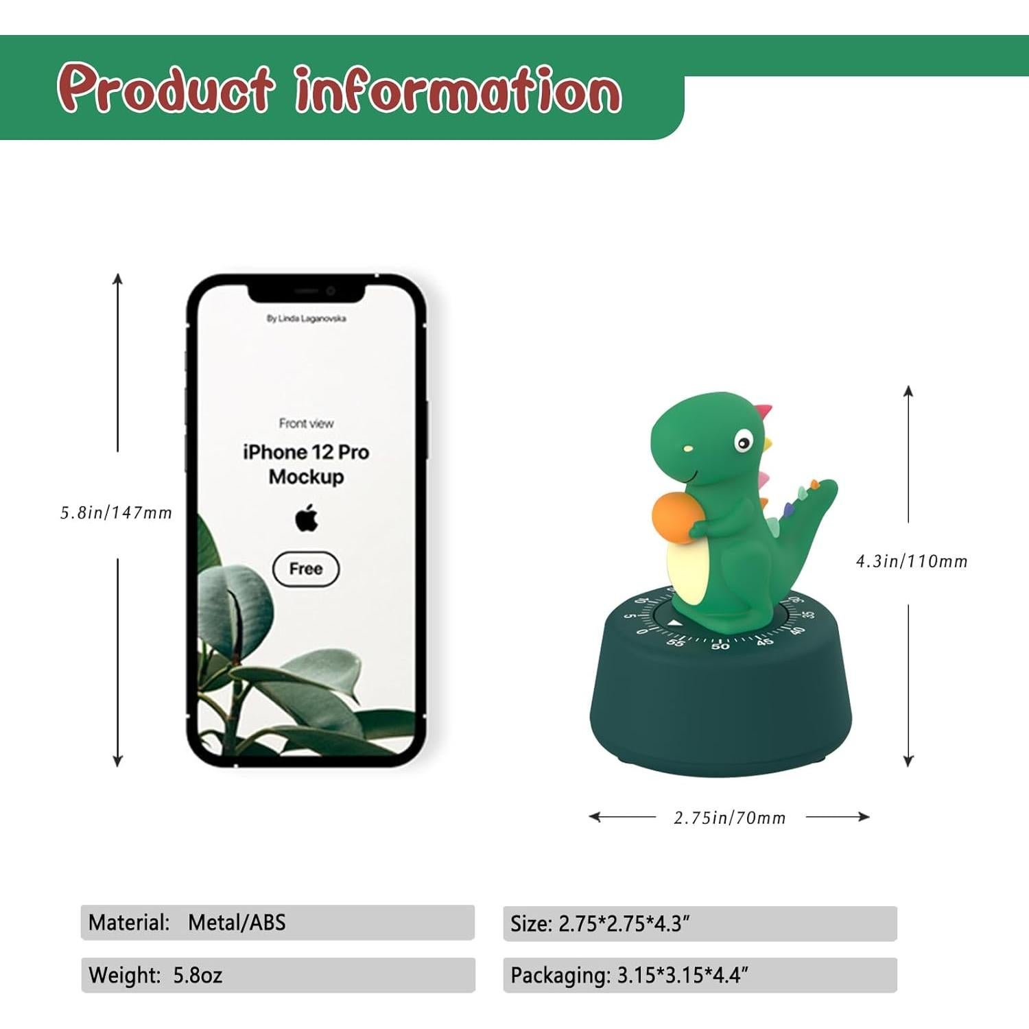 Temporizador Mecánico de Cocina ELE DEPI 60 Min Verde Dinosaurio