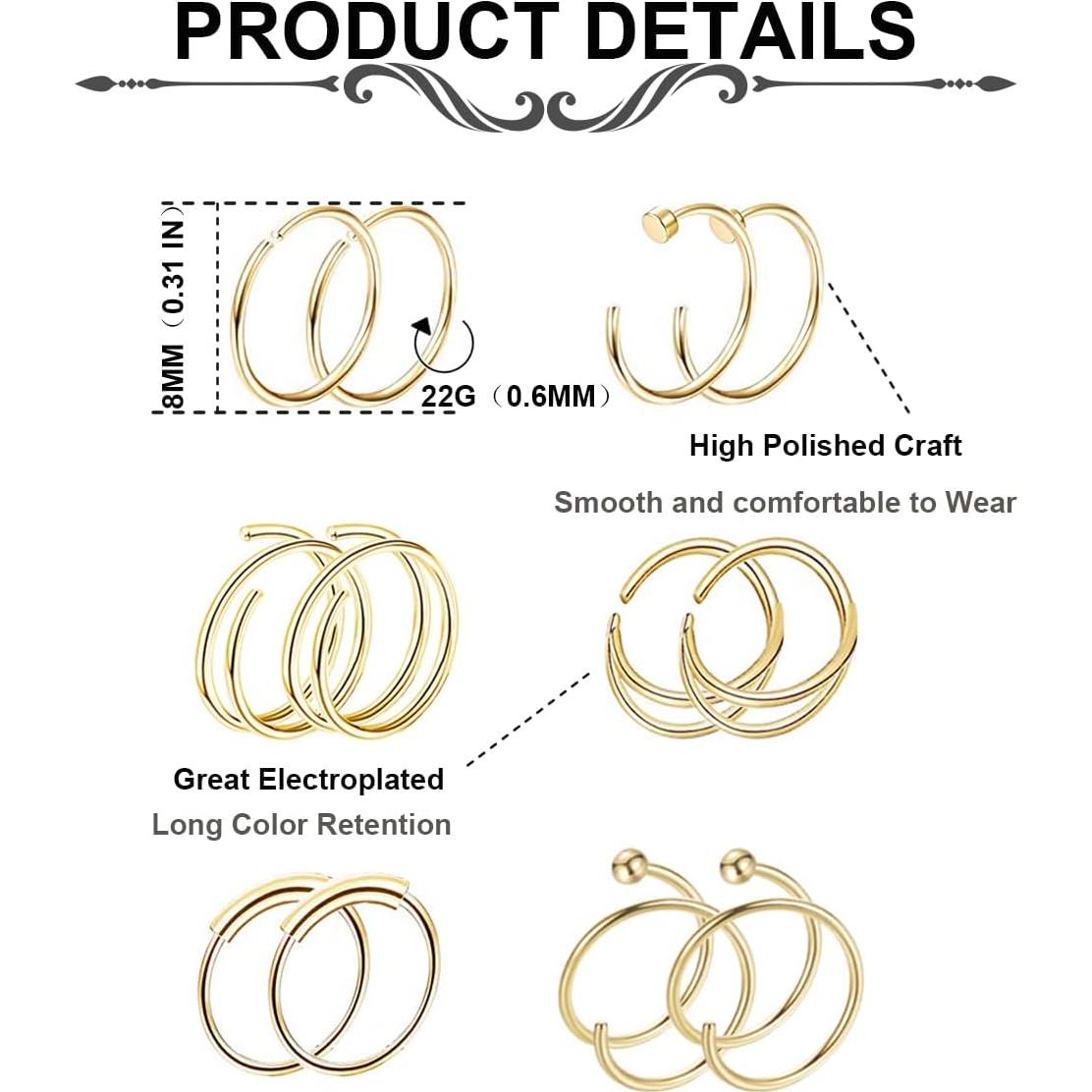 Set de 24 Anillos de Nariz Vegolita 22G Acero Inoxidable