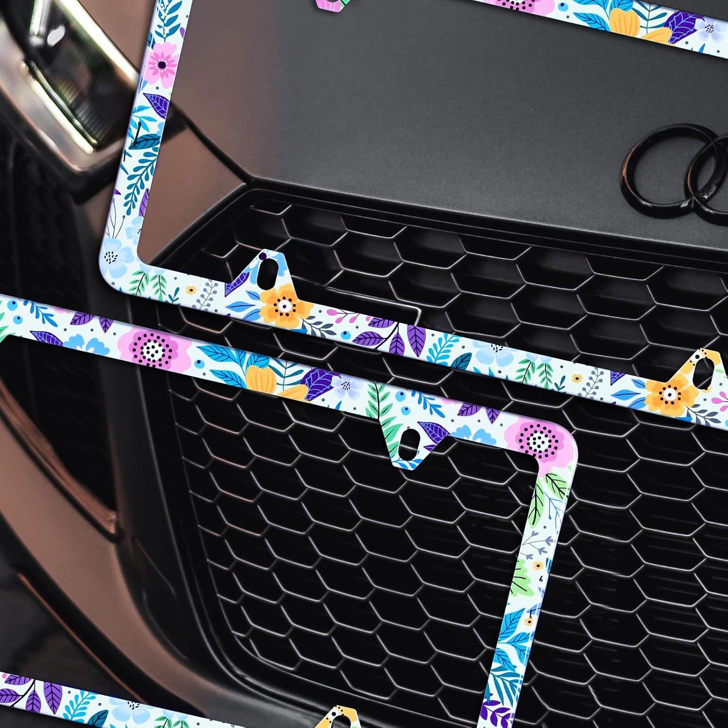 Marco de Placa de Licencia NINANMY Acero Inoxidable Flores Coloridas