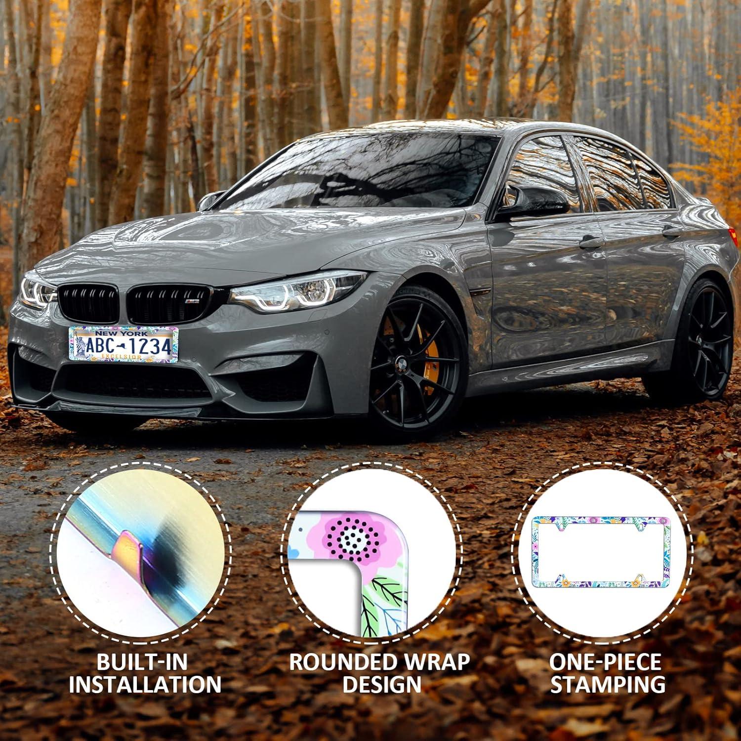 Marco de Placa de Licencia NINANMY Acero Inoxidable Flores Coloridas