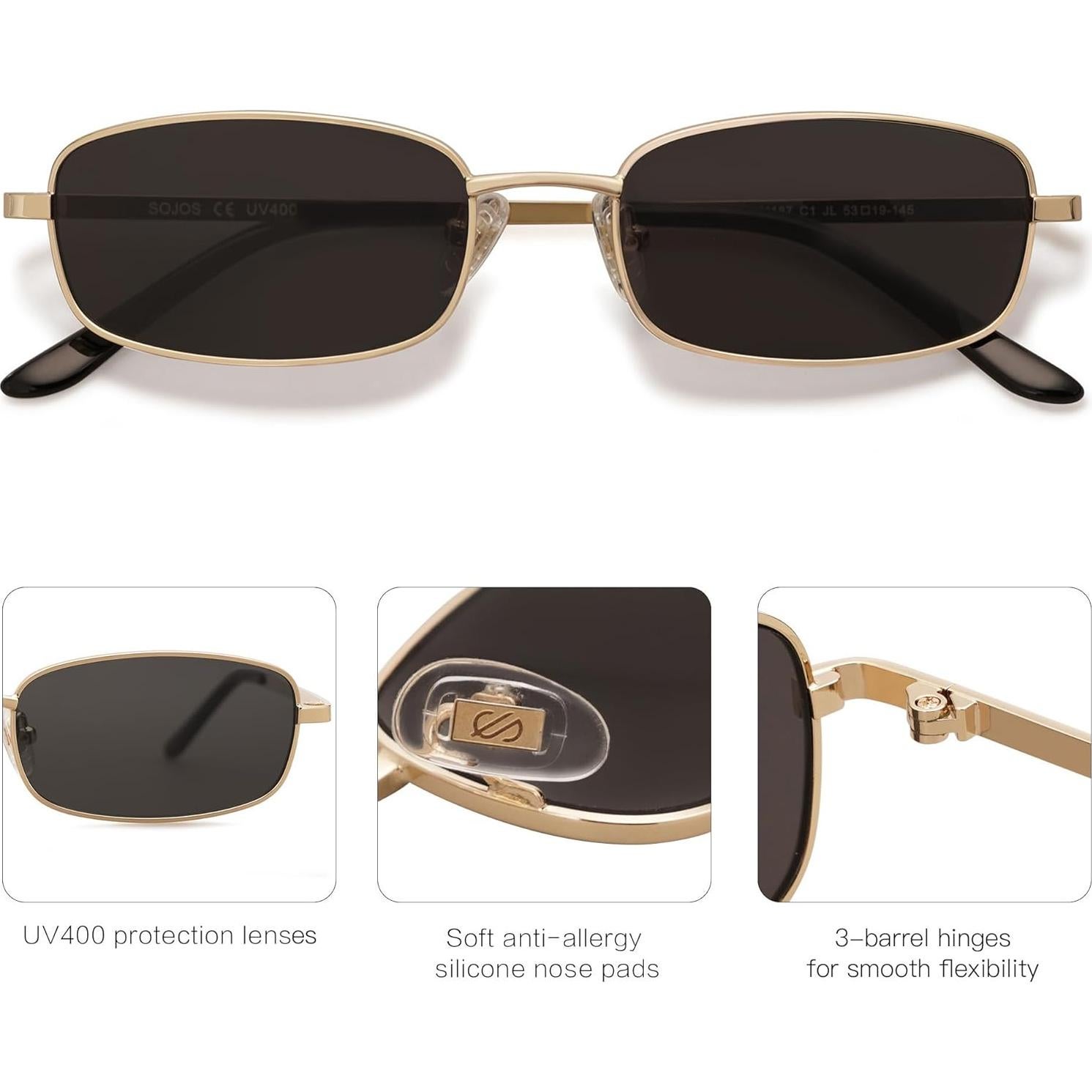 Gafas de Sol Rectangulares SOJOS Y2K UV400 Dorado Gris