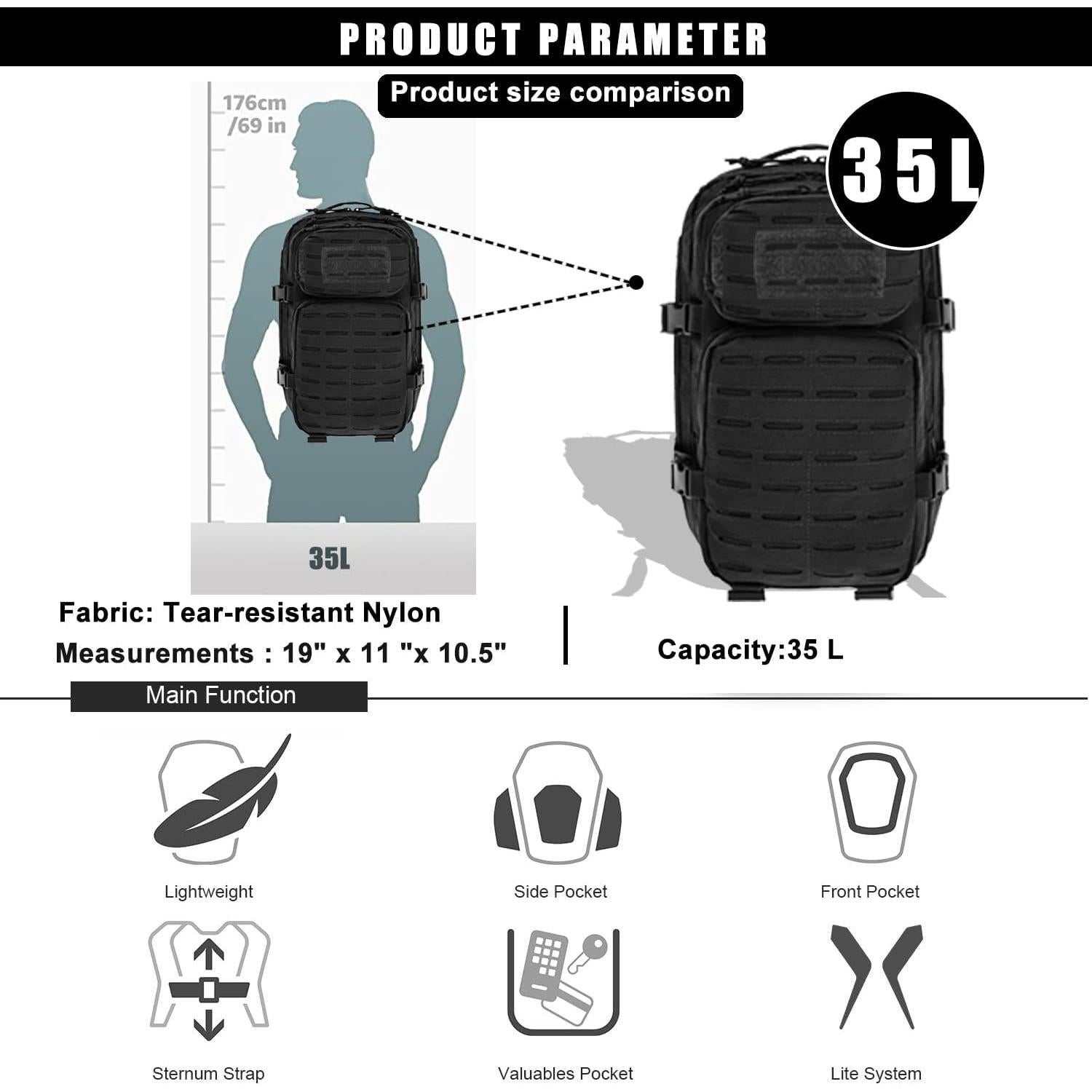 Mochila Táctica Militar 35L Resistente al Agua Negro