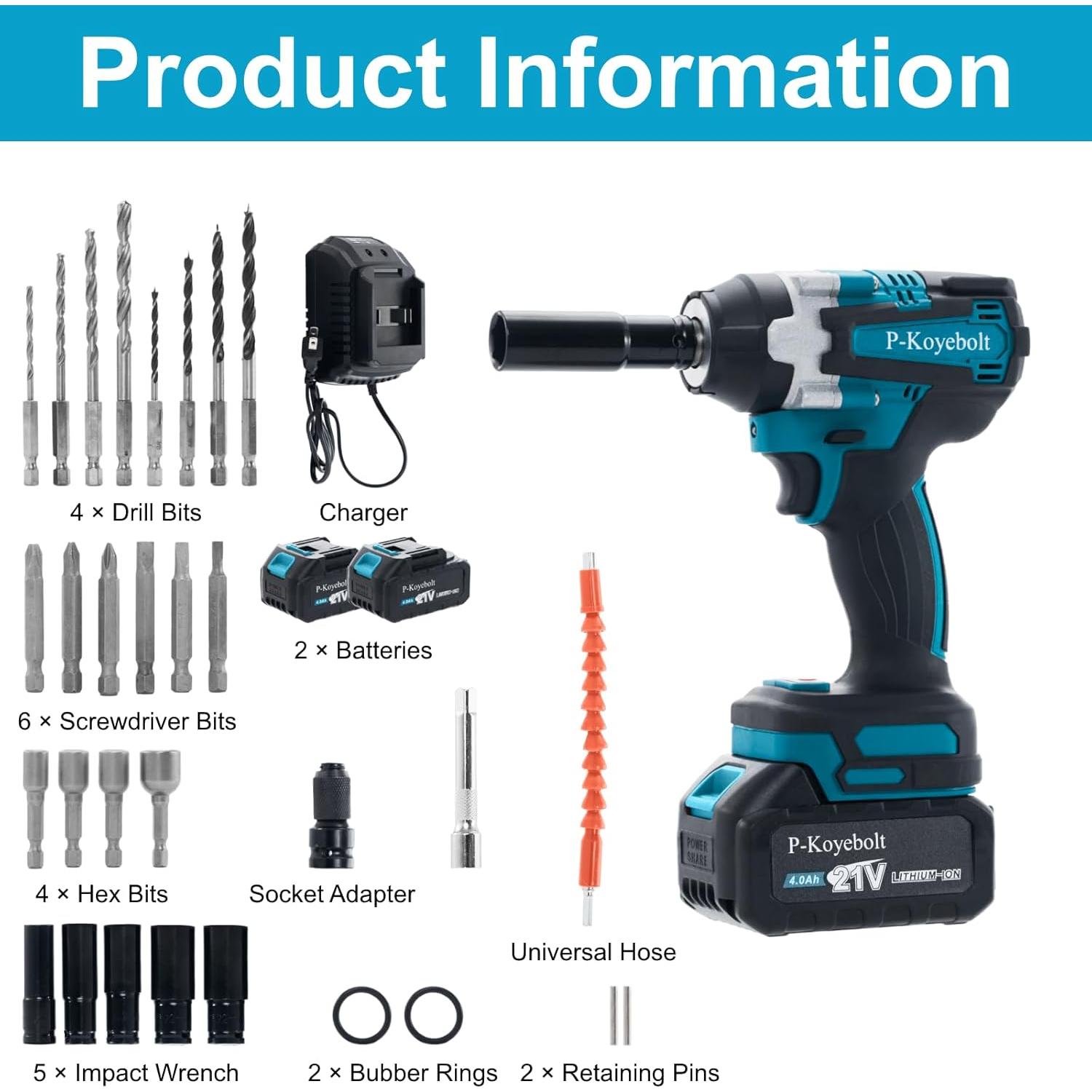 Llave de Impacto Inalámbrica P-Koyebolt 21V 550N.m 4 Modos